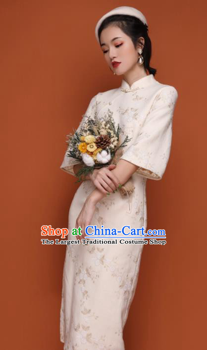 Chinese Traditional Tang Suit Retro White Wool Cheongsam National Costume Qipao Dress for Women