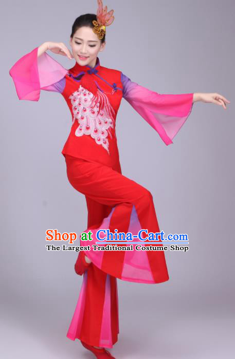 Chinese Traditional Folk Dance Fan Dance Red Outfits Yangko Group Dance Costume for Women