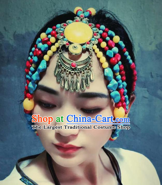 Chinese Traditional Zang Ethnic Dance Beads Hair Accessories Tibetan Nationality Headwear for Women