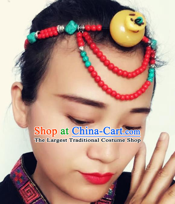 Chinese Traditional Tibetan Ethnic Red Beads Hair Clasp Hair Accessories Zang Minority Nationality Headwear for Women