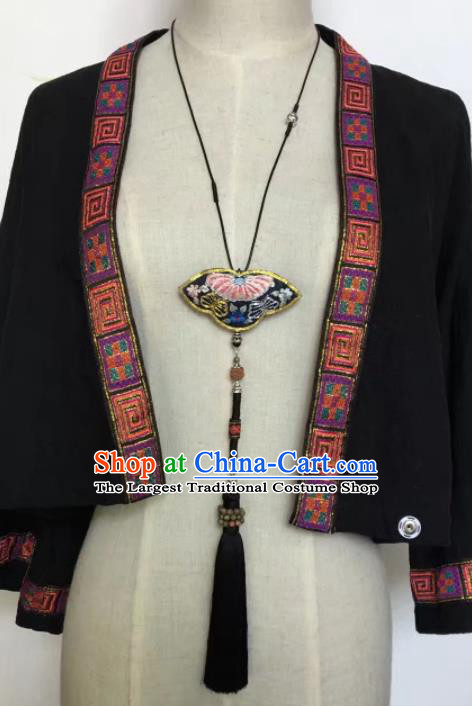 Chinese Traditional Ethnic Black Embroidered Butterfly Necklace Accessories Nationality Silver Tassel Necklet for Women