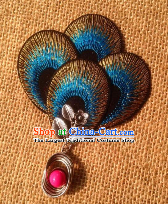 Chinese Traditional Ethnic Blue Embroidered Hair Claw Hair Accessories Minority Peacock Dance Headwear for Women