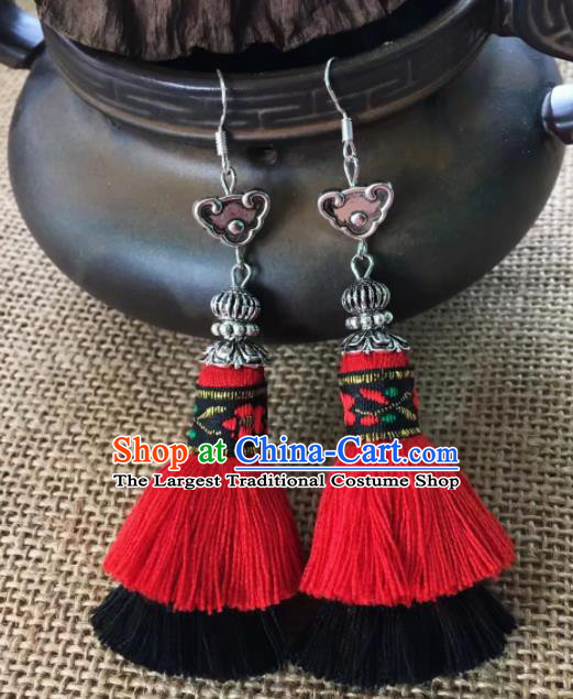 Chinese Traditional Ethnic Red Tassel Ear Accessories Miao Nationality Silver Cloud Earrings for Women