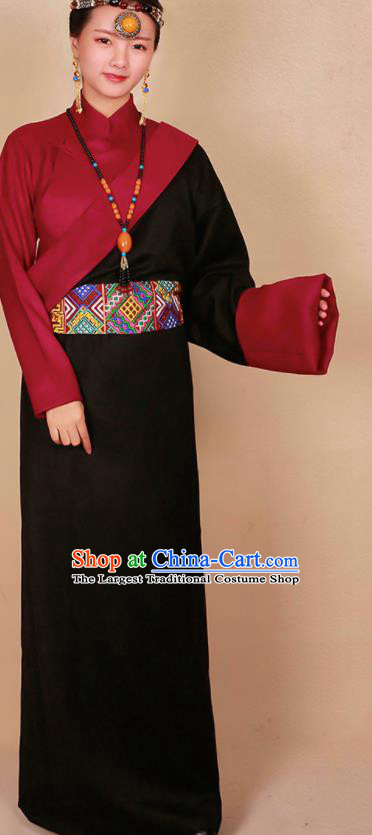Traditional Chinese Zang Ethnic Guozhuang Black Robe Tibetan Minority Folk Dance Costume for Women