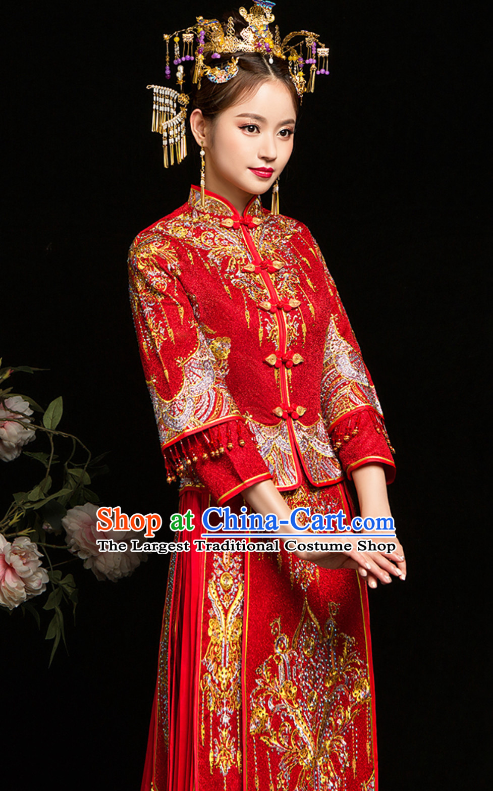 Chinese Classical Embroidered Phoenix Ancient Bride Wedding Dresses for Women
