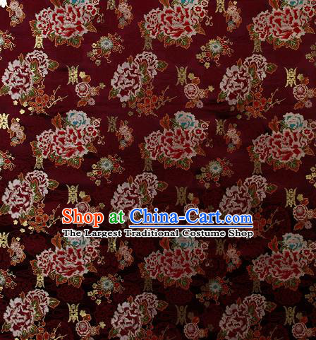Asian Chinese Traditional Peony Plum Pattern Ruby Red Brocade Tibetan Robe Satin Fabric Silk Material