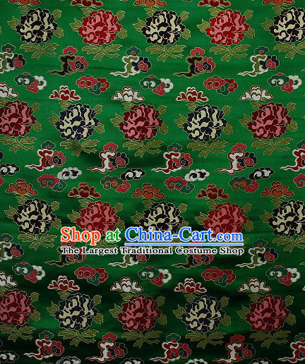 Asian Chinese Traditional Cloud Peony Pattern Green Brocade Tibetan Robe Satin Fabric Silk Material