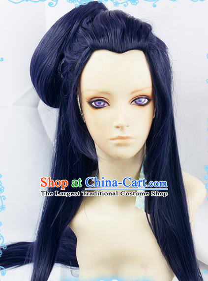 Chinese Traditional Cosplay Knight Blue Wigs Ancient Female Swordsman Wig Sheath Hair Accessories for Women