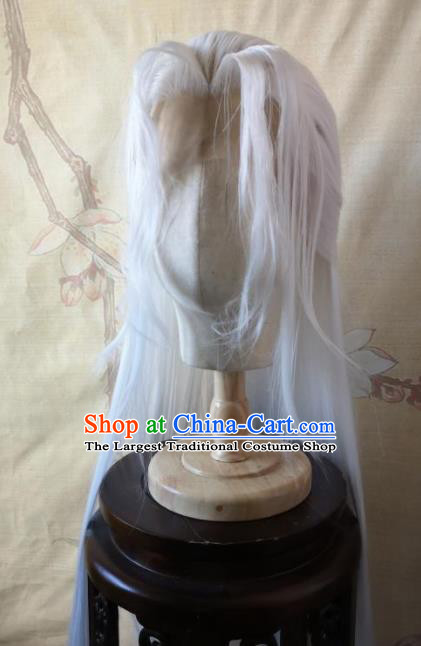 Traditional Chinese Cosplay Game Knight Taoist White Wigs Ancient Swordsman Wig Sheath Hair Accessories for Men