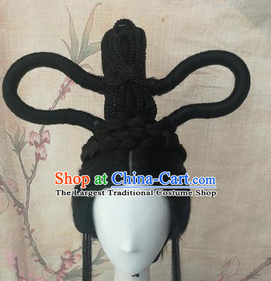 Chinese Traditional Cosplay Peri Swordswoman Black Wigs Ancient Court Princess Wig Sheath Hair Accessories for Women