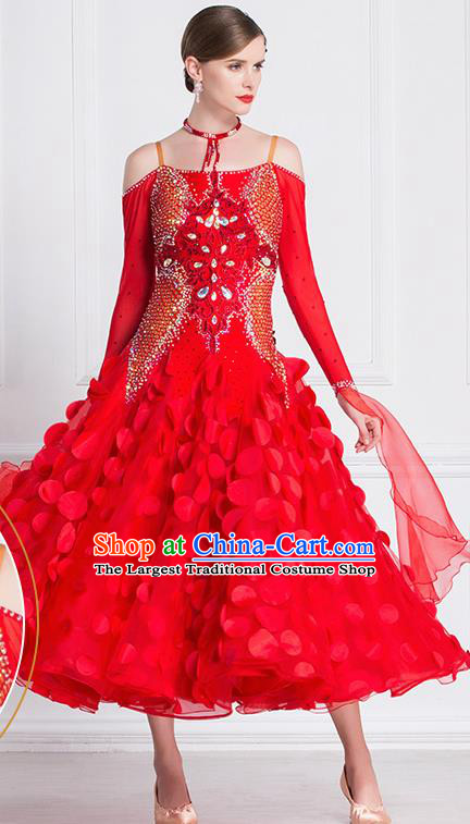 Professional International Waltz Dance Red Dress Ballroom Dance Modern Dance Competition Costume for Women