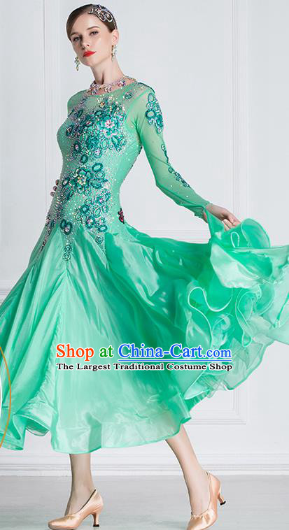 Professional International Waltz Dance Green Dress Ballroom Dance Modern Dance Competition Costume for Women