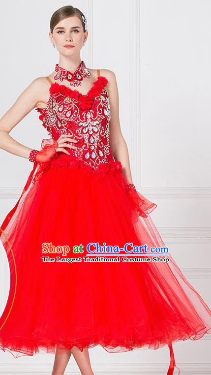 Professional Waltz Tango Competition Red Dress Modern Dance International Ballroom Dance Costume for Women