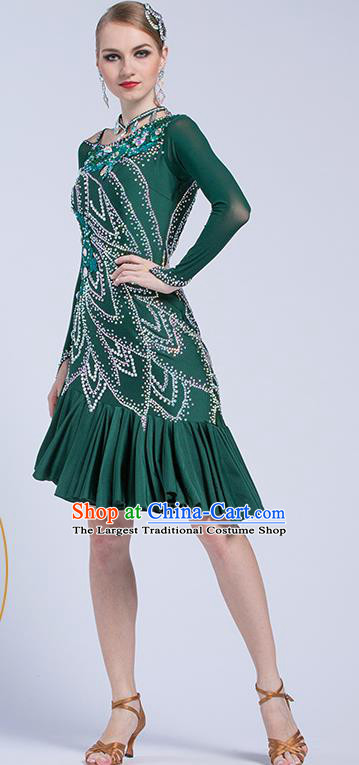 Top Latin Dance Competition Deep Green Dress Modern Dance International Rumba Dance Costume for Women