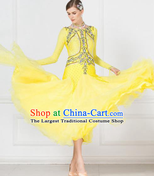 Professional Modern Dance Waltz Competition Diamante Yellow Dress International Ballroom Dance Costume for Women