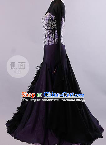 Professional Modern Dance Waltz Dark Purple Dress International Ballroom Dance Competition Costume for Women