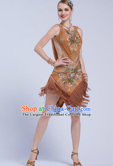 Top Latin Dance Competition Brown Tassel Dress Modern Dance International Rumba Dance Costume for Women