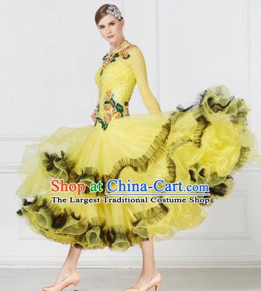 Top Grade Modern Dance Yellow Dress Ballroom Dance International Waltz Competition Costume for Women