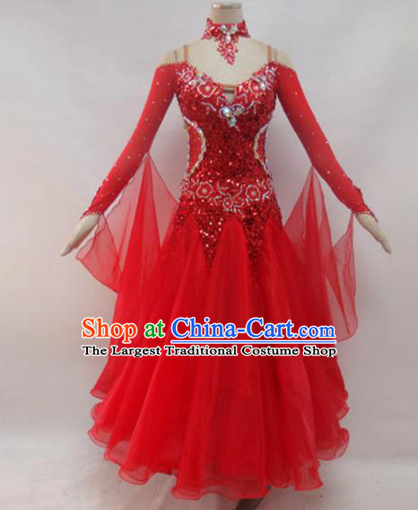 Professional Waltz Dance Red Sequins Dress Modern Dance Ballroom Dance International Dance Costume for Women