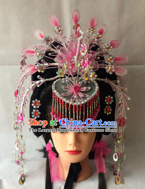 Chinese Beijing Opera Diva Pink Phoenix Coronet Hairpins Traditional Peking Opera Empress Hair Accessories for Women