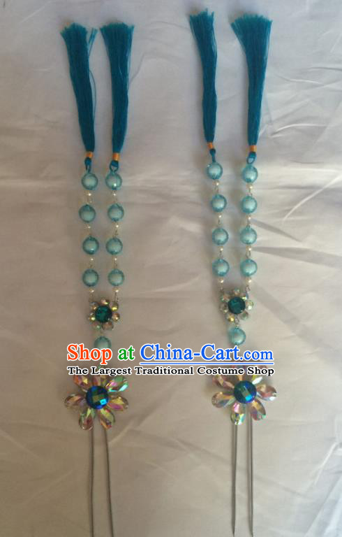 Chinese Beijing Opera Diva Blue Beads Tassel Hairpins Traditional Peking Opera Hair Accessories for Women