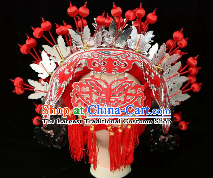 Chinese Beijing Opera Red Phoenix Coronet Traditional Peking Opera Bride Hat Hair Accessories for Women