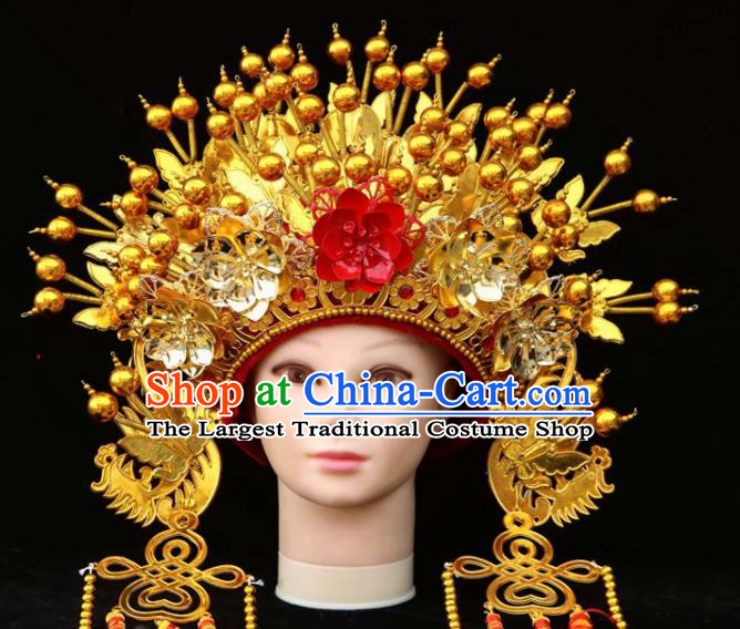 Chinese Beijing Opera Golden Phoenix Coronet Traditional Peking Opera Bride Hat Hair Accessories for Women