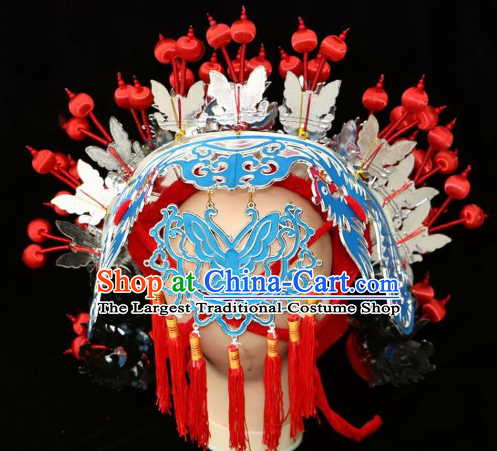 Chinese Beijing Opera Diva Blue Phoenix Coronet Traditional Peking Opera Bride Hat Hair Accessories for Women