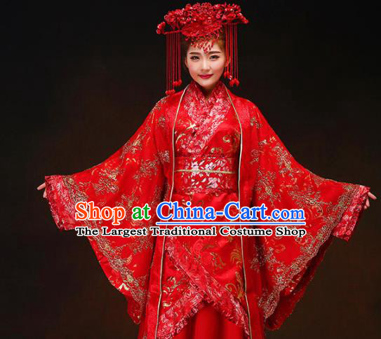 Chinese Ancient Bride Red Dress Traditional Han Dynasty Royal Empress Wedding Costumes and Headpiece for Women