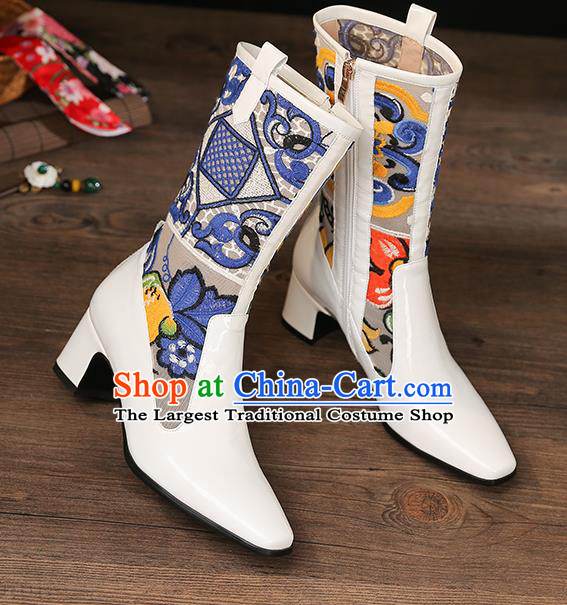 Traditional Chinese Handmade Embroidered White Boots National High Heel Shoes for Women