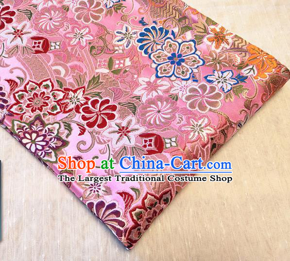 Asian Japan Traditional Sakura Daisy Pattern Design Pink Brocade Damask Fabric Kimono Satin Material