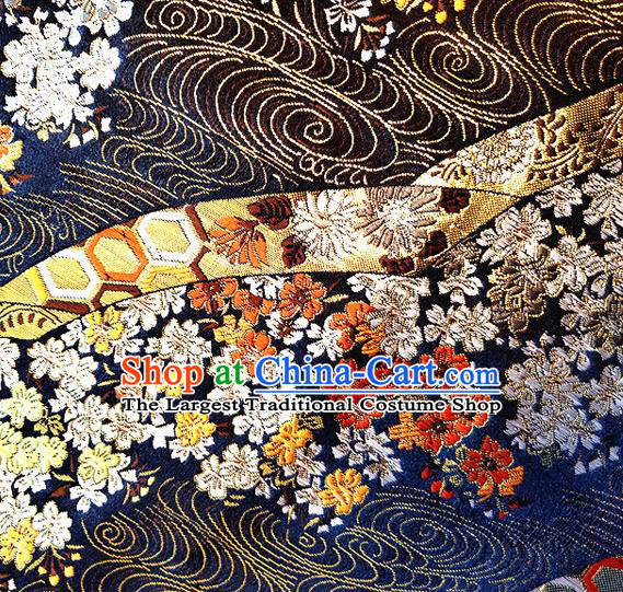 Asian Japan Traditional Cherry Blossom Pattern Design Navy Brocade Damask Fabric Kimono Satin Material
