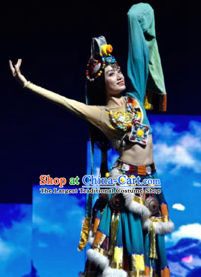 Chinese The Romantic Show of Jiuzhai Tibetan Nationality Dance Blue Dress Stage Performance Costume and Headpiece for Women