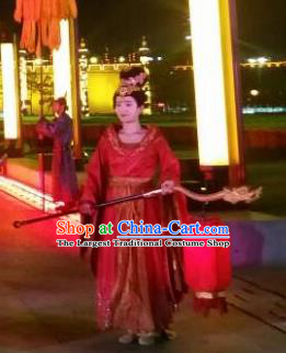 Chinese Chang An Impression Ancient Court Lady Dance Red Dress Stage Performance Costume and Headpiece for Women