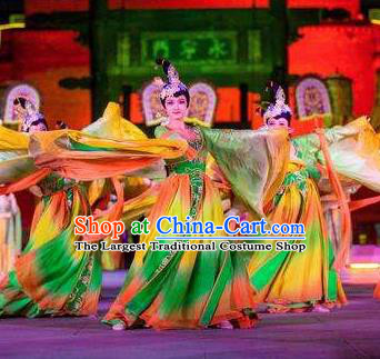 Chinese Chang An Impression Ancient Tang Dynasty Classical Dance Green Dress Stage Performance Costume and Headpiece for Women