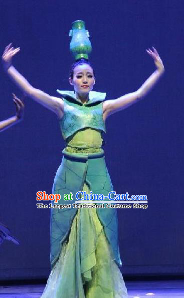 Chinese Back to Song Dynasty Classical Vase Dance Green Dress Stage Performance Costume for Women