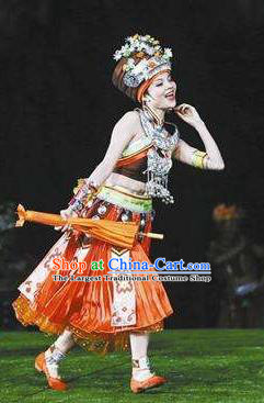 Chinese Dragon Boat Song Tujia Nationality Ethnic Dance Dress Stage Performance Costume and Headpiece for Women