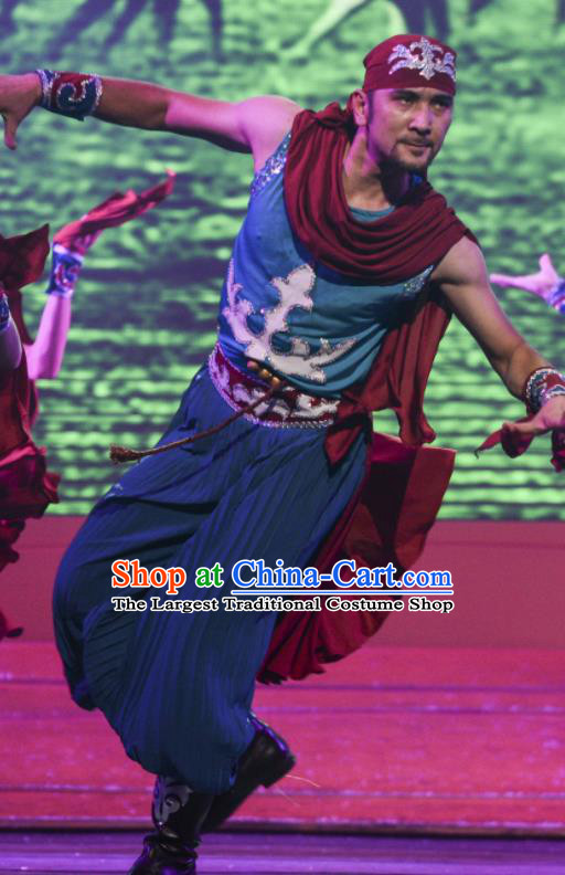 Chinese Silk Road Uyghur Nationality Dance Blue Clothing Ethnic Stage Performance Costume for Men