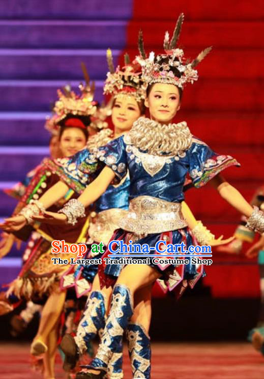 Chinese Jin Show Dan Zhai Miao Nationality Blue Dress Stage Performance Dance Costume and Headpiece for Women