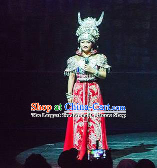 Chinese Charm Xiangxi Miao Nationality Dance Red Dress Stage Performance Costume and Headpiece for Women