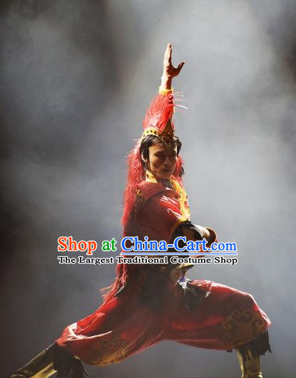 Chinese Oriental Apparel Wa Nationality Red Clothing Stage Performance Dance Costume for Men