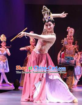 Chinese The Ancient Dunhuang Music Theatre Flying Apsaras Classical Dance Pink Dress Stage Performance Costume and Headpiece for Women