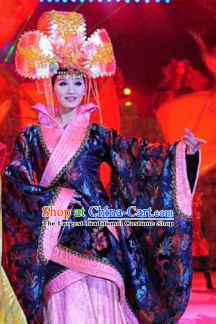 Chinese Dragon Phoenix Dance Han Dynasty Queen Dress Stage Performance Costume and Headpiece for Women