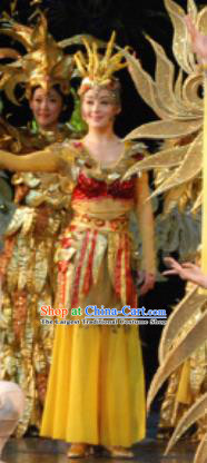Chinese Golden Mask Dynasty Dance Yellow Dress Stage Performance Costume and Headpiece for Women