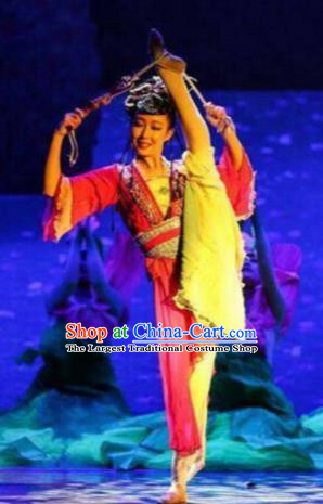 Chinese The Moon Rising On The Helan Mountain Classical Dance Rosy Dress Stage Performance Costume and Headpiece for Women