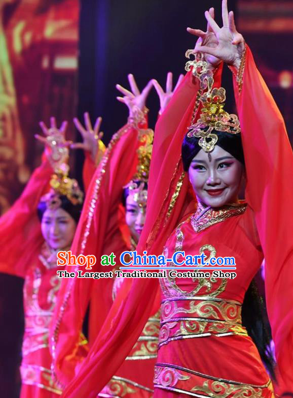 Chinese Han Wind Float In The Sky Han Dynasty Court Classical Dance Red Dress Stage Performance Costume and Headpiece for Women
