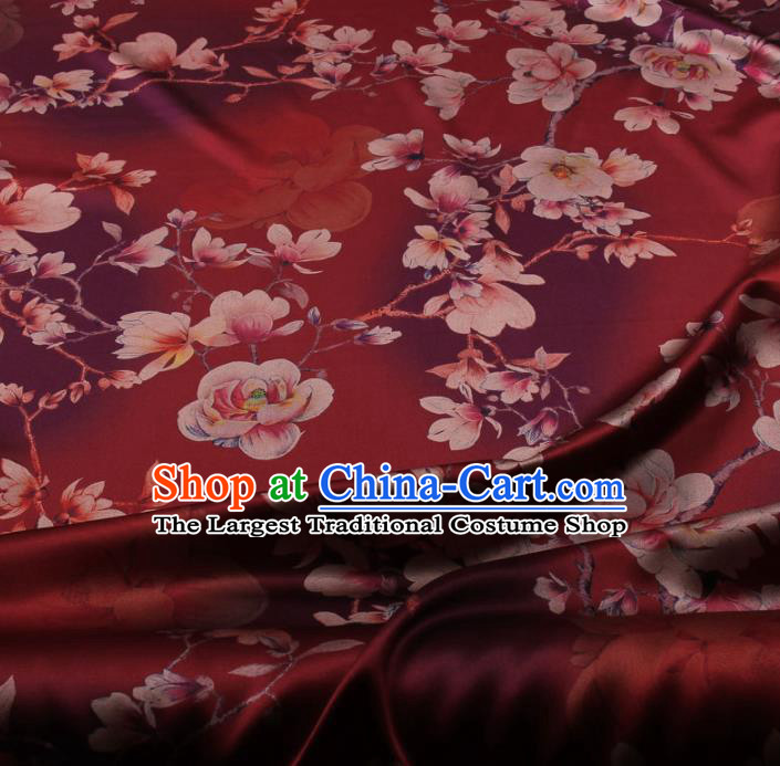 Traditional Chinese Classical Magnolia Pattern Purplish Red Gambiered Guangdong Gauze Silk Fabric Ancient Hanfu Dress Silk Cloth