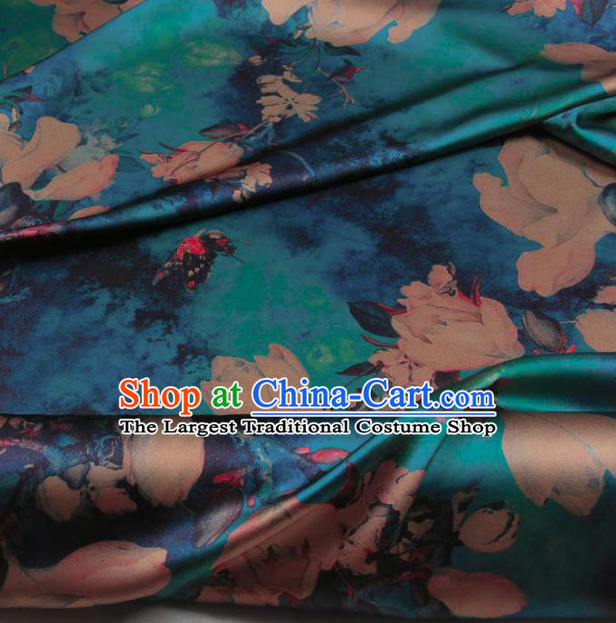 Traditional Chinese Classical Magnolia Pattern Peacock Green Gambiered Guangdong Gauze Silk Fabric Ancient Hanfu Dress Silk Cloth