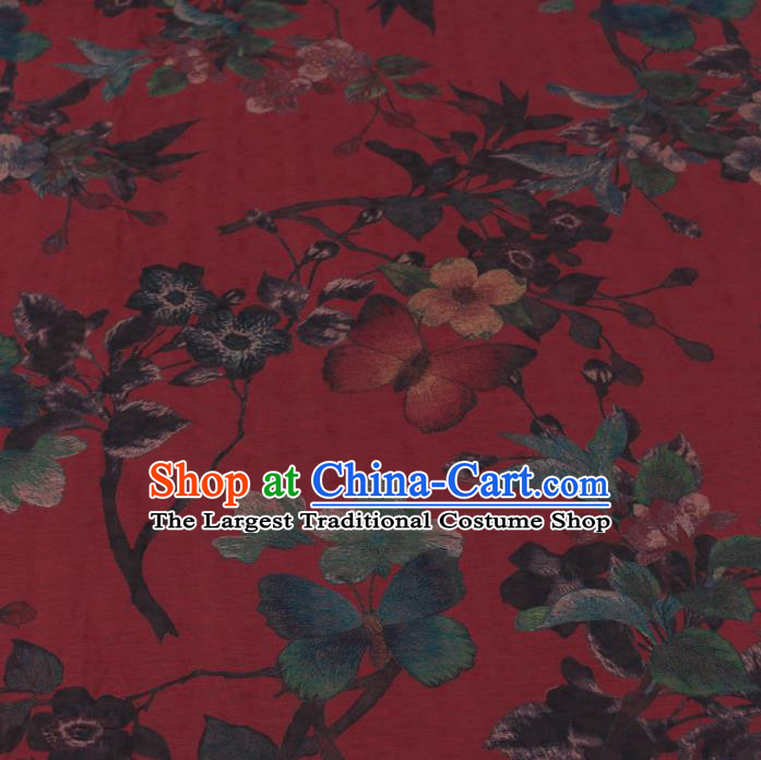 Traditional Chinese Classical Flowers Pattern Dark Red Gambiered Guangdong Gauze Silk Fabric Ancient Hanfu Dress Silk Cloth