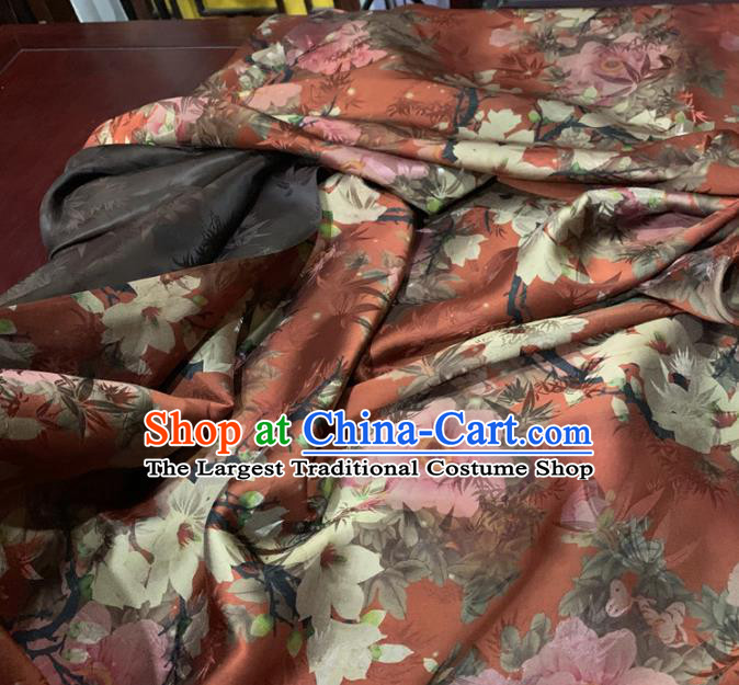 Chinese Classical Flowers Pattern Rust Red Silk Fabric Traditional Ancient Hanfu Dress Brocade Cloth